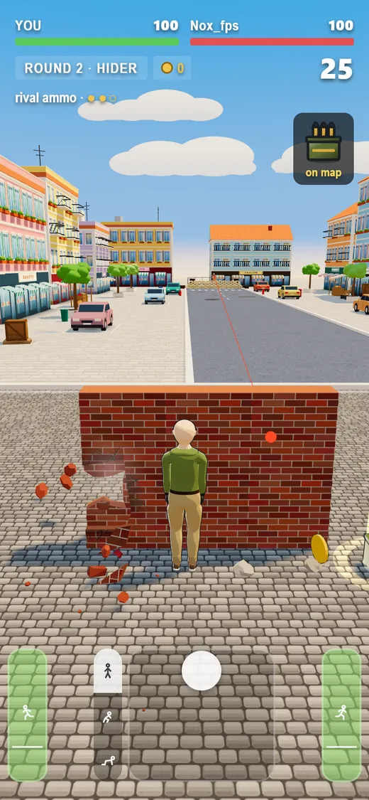 The hider's screen: the character behind a brick wall, a laser dot on the wall, the one-thumb pad below