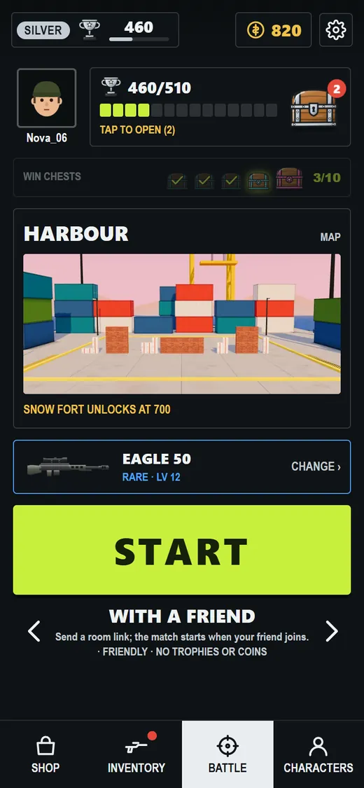 Main screen: WITH A FRIEND mode selected, the START button