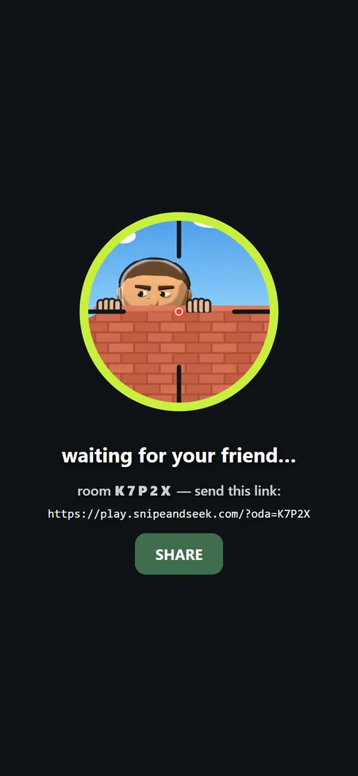 Friend room: waiting for your friend, the room code, the invite link and SHARE
